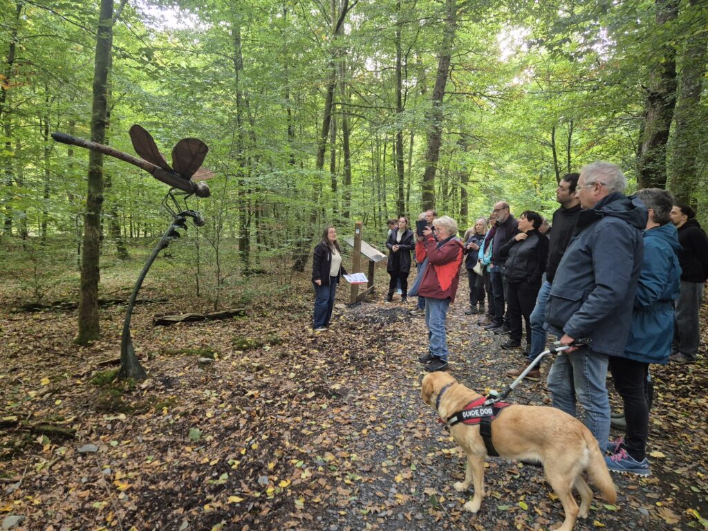 un groupe de personnes écoute une guide présenter le futur sentier des songes qui sera aménagé pour les PBS